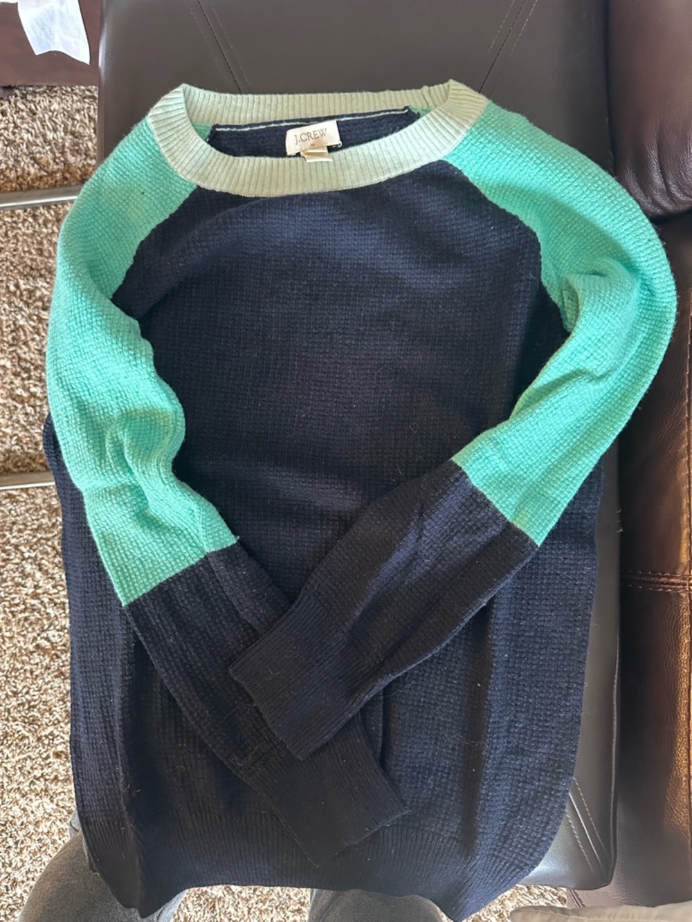 J. Crew Navy and Mint Raglan Colorblock Crewneck Sweater